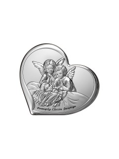 Srebrny Obrazek serduszko z Aniołami - napis Pamiątka Chrztu