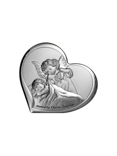 Srebrny Obrazek: Pamiątka Chrztu - Serduszko z Aniołem (15,5x14 cm)