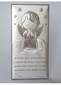 Srebrny obrazek z Aniołkiem i modlitwą 9x18 cm DUŻY