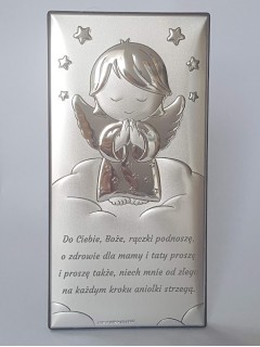 Srebrny obrazek z Aniołkiem i modlitwą 9x18 cm DUŻY